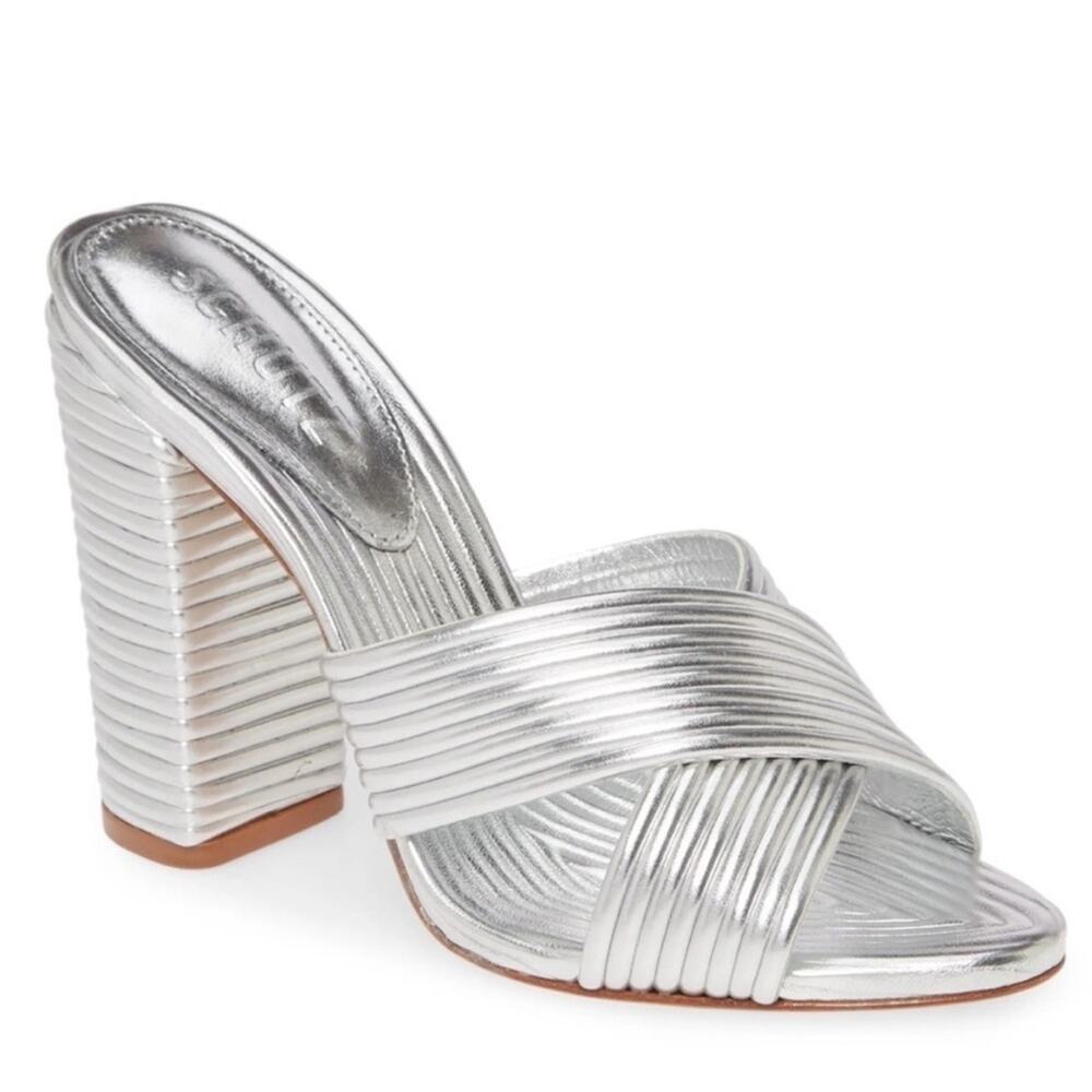 Schutz Emma Dale Criss Cross Sandals Heels Prata Silver 6.5 Quilted Block Heel